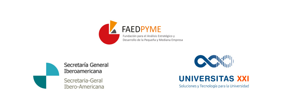 Logotipos de UNIVERSITAS XXI, Secretaría General Iberoamericana y FAED PYME